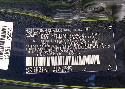 2007 Toyota Tundra Sr5 4.7L V8 from USA, damaged, VIN 5TBBT54147S457734